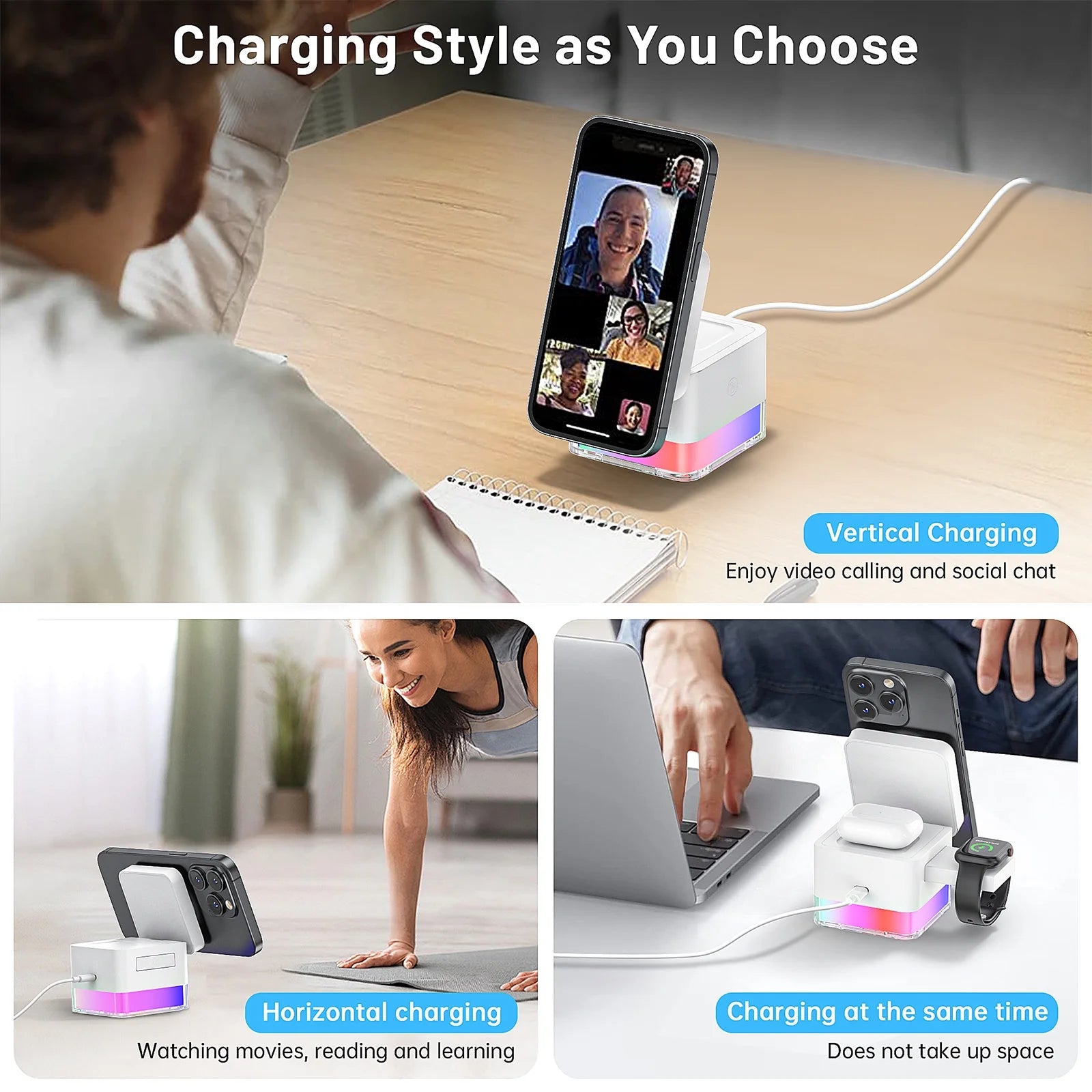 Wireless Charging Station, 3 in 1 Mag-Safe Wireless Charger for Phone Earbuds Smartwatch