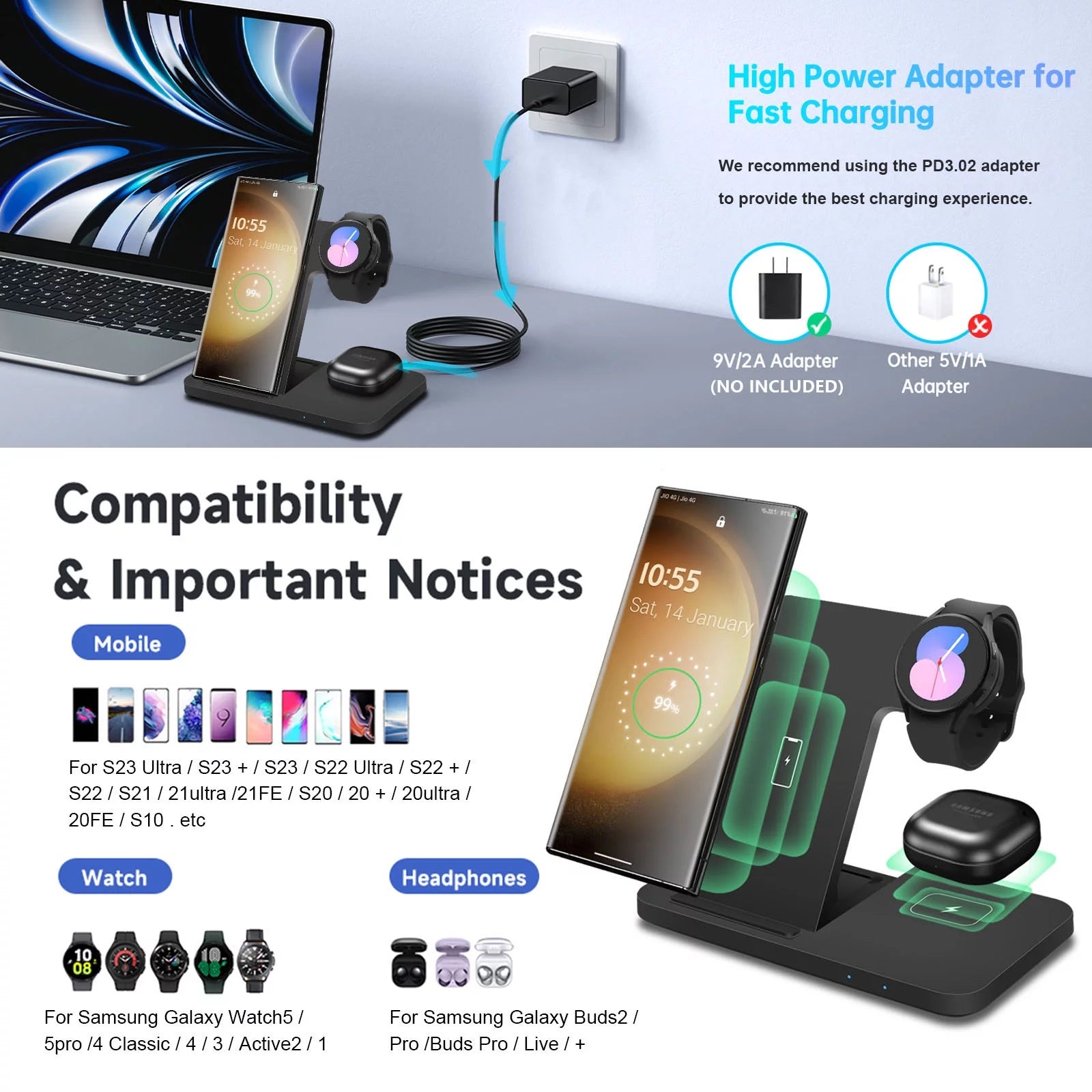 3 in 1 Wireless Charger Stand 15W Charging Station Foldable for Samsung Galaxy S23/S22/S21/S20 Ultra/S10/S9/S8 Plus,Note 20/10, Galaxy Buds, Galaxy Watch 6/5 Pro/5/4/3/Active 2/1, Black