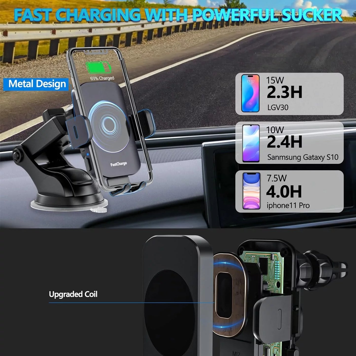 15W Wireless Car Charger Phone Mount Fast Charging Auto Clamping Phone Holder for Smartphone