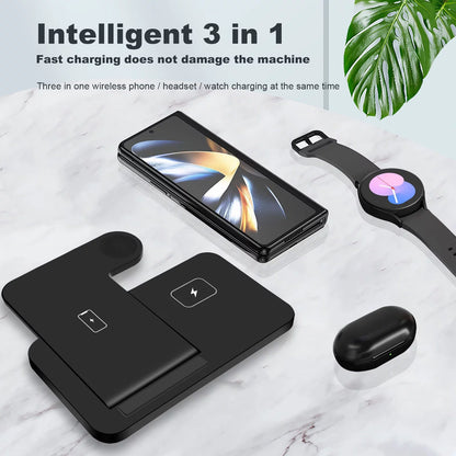 3 in 1 Wireless Charger Stand 15W Charging Station Foldable for Samsung Galaxy S23/S22/S21/S20 Ultra/S10/S9/S8 Plus,Note 20/10, Galaxy Buds, Galaxy Watch 6/5 Pro/5/4/3/Active 2/1, Black