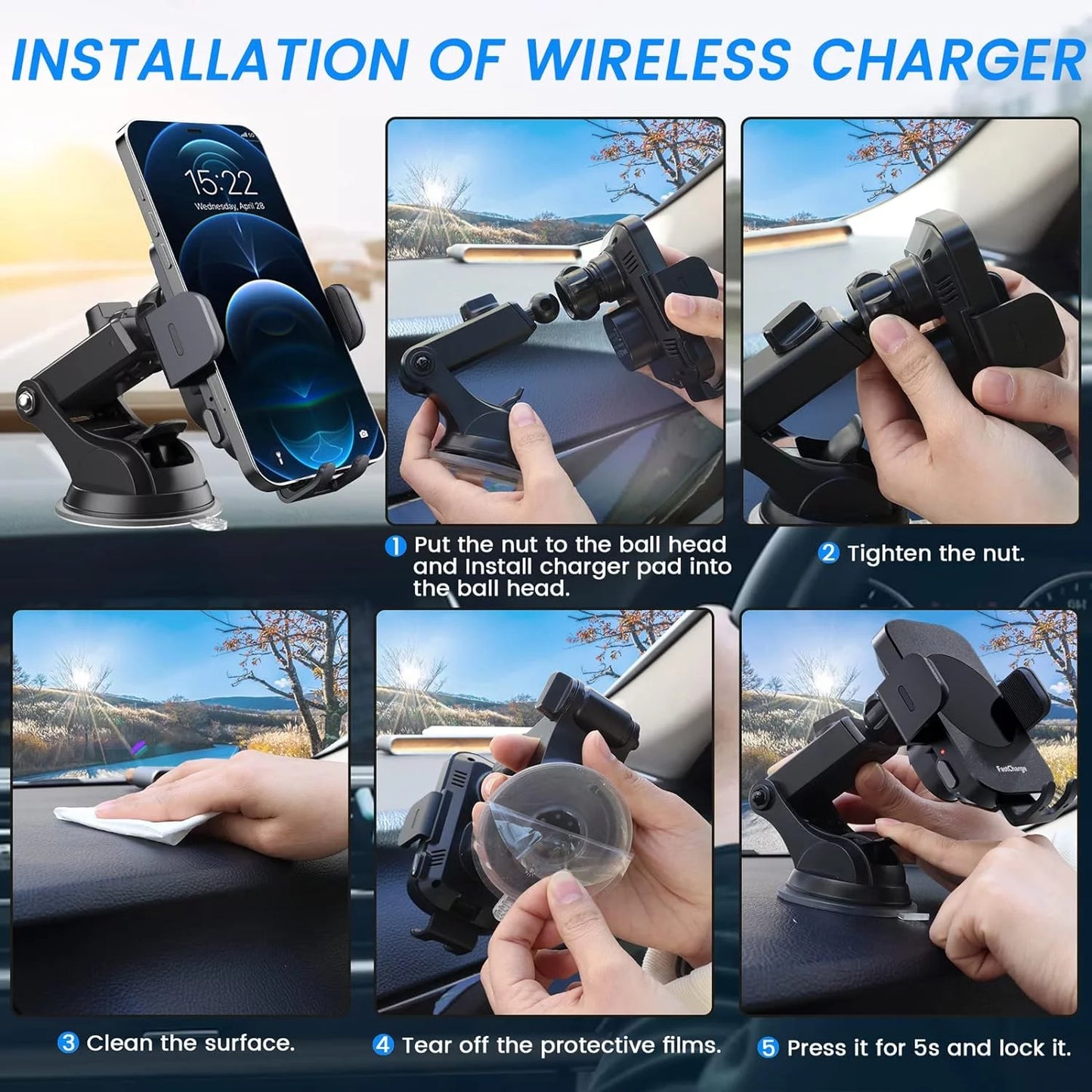 15W Wireless Car Charger Phone Mount Fast Charging Auto Clamping Phone Holder for Smartphone