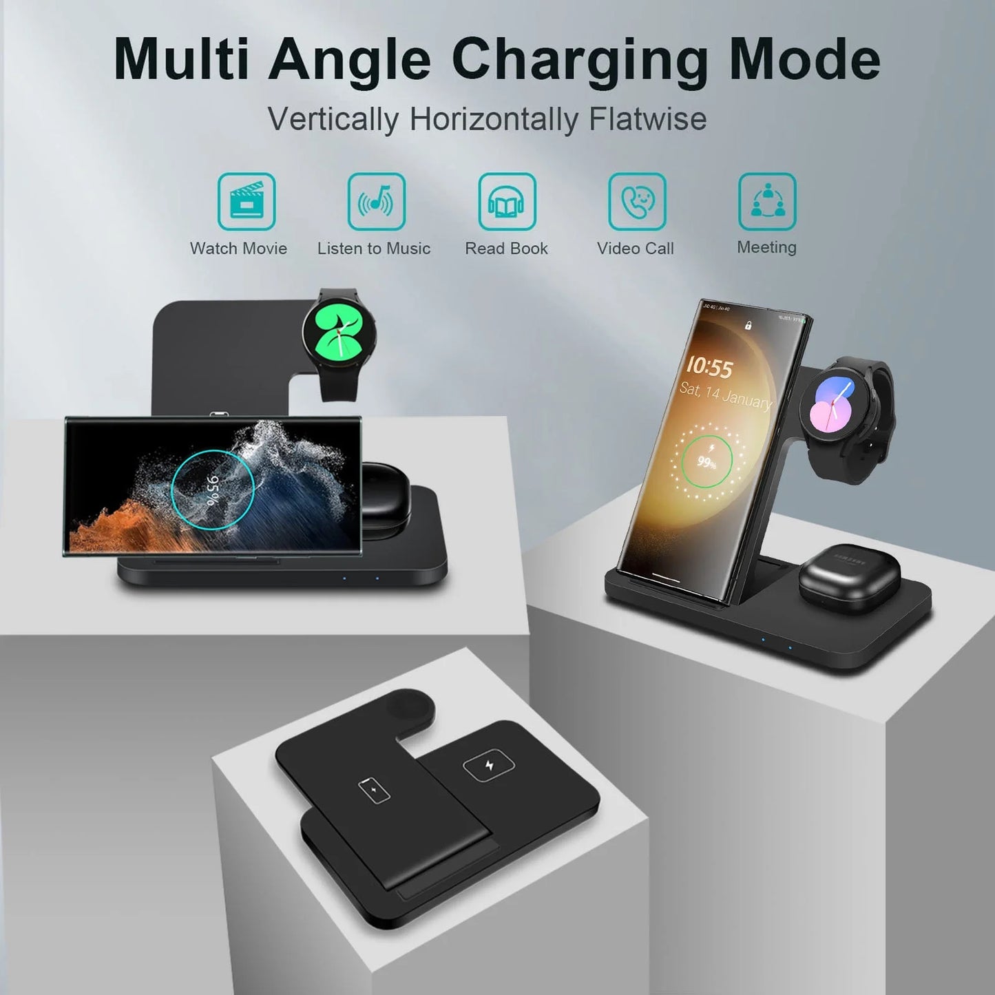 3 in 1 Wireless Charger Stand 15W Charging Station Foldable for Samsung Galaxy S23/S22/S21/S20 Ultra/S10/S9/S8 Plus,Note 20/10, Galaxy Buds, Galaxy Watch 6/5 Pro/5/4/3/Active 2/1, Black