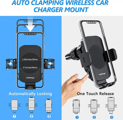 15W Wireless Car Charger Phone Mount Fast Charging Auto Clamping Phone Holder for Smartphone