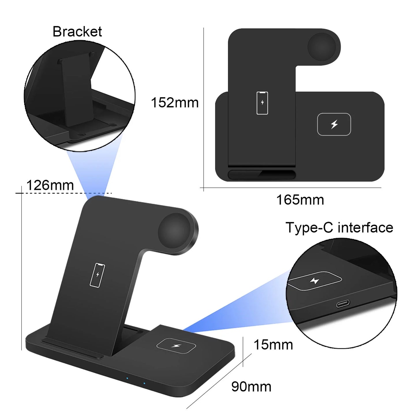 3 in 1 Wireless Charger Stand 15W Charging Station Foldable for Samsung Galaxy S23/S22/S21/S20 Ultra/S10/S9/S8 Plus,Note 20/10, Galaxy Buds, Galaxy Watch 6/5 Pro/5/4/3/Active 2/1, Black